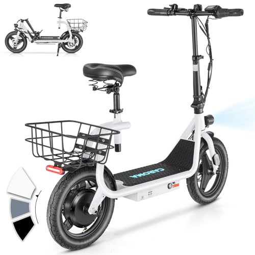 Caroma Peak 500W/800W/1200W Electric Scooter with Seat, Max 15/20/30Miles Range&20MPH, 14" Tires Foldable Adult Electric Scooter with Basket for Pets & Cargo, Dual Shock Absorbing Ebike for Commuting