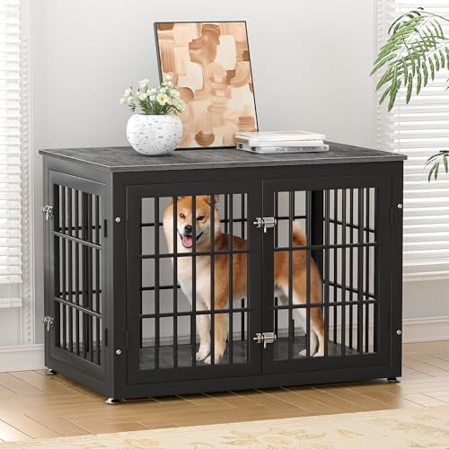 48 Inch Heavy Duty Dog Crate Furniture for Large Dogs, Decorative Pet House End Table, Extra Large Wooden Cage Kennel Furniture Indoor, Natural and White