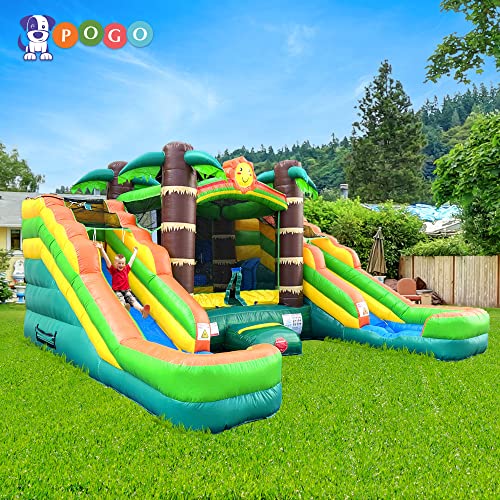 Pogo Bounce House Crossover Tropical Inflatable Bounce with Double Inflatable Water Slides for Kids, 16.5 x 15 x 11 Foot, Bouncy House, Commercial Outdoor Party Bouncer with Blower, Stakes, Bag