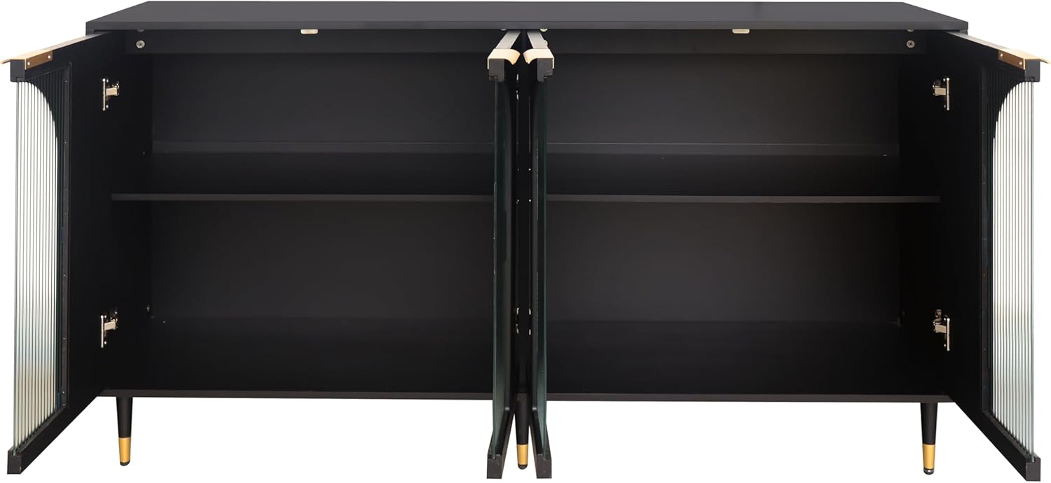 Buffet Cabinets with Lockers, Accent Lockers with Black Lacquered Wood and 4 Fluted Glass Doors, with Metal Legs, Modern Kitchen Sideboards, Used in Living Rooms,Entryway,Dining Rooms.