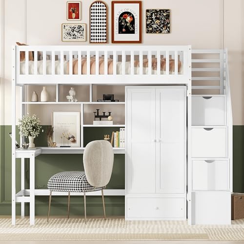 Full Size Loft Bed with Wardrobe Desk Storage Stairs, Wood Loft Bed Frame with Bookcase and Drawers, High Loft Bedframe for Kids Teens Adults, No Box Spring Needed, Espresso