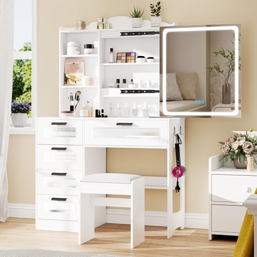 Vanity Desk with Mirror and Lights, RGB LED Makeup Vanity Desk with Charging Station, Vanity Table with Stool & Sliding Touch Mirror, Girls Vanity Set with 5 Drawers (White)