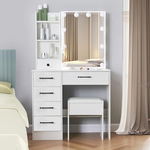 White Vanity Desk with Makeup Mirror and 10 Lights, 3 Color Mode Dimmable Sliding Lighted Mirror, 6 Large Drawers and 3 Level Storage Shelves, Bedroom Dressing Table Upholsterted Stool