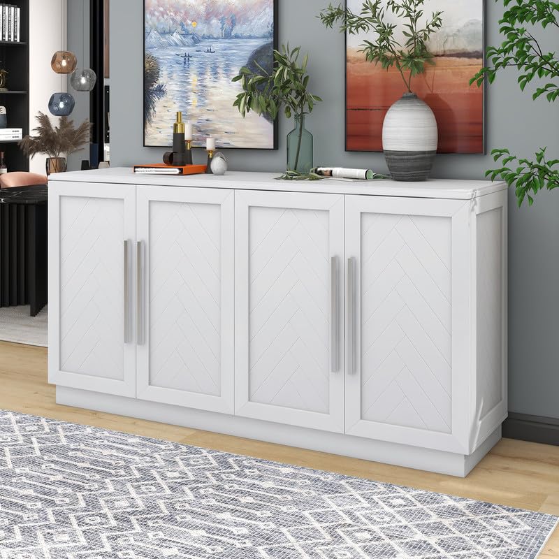 Sideboard Buffet Cabinet, Large Storage Cabinet with 4 Doors and Adjustable Shelves, Console Table with Silver Handles, for Room Living Living Room Entryway Kitchen Easy to Assemble (Black)