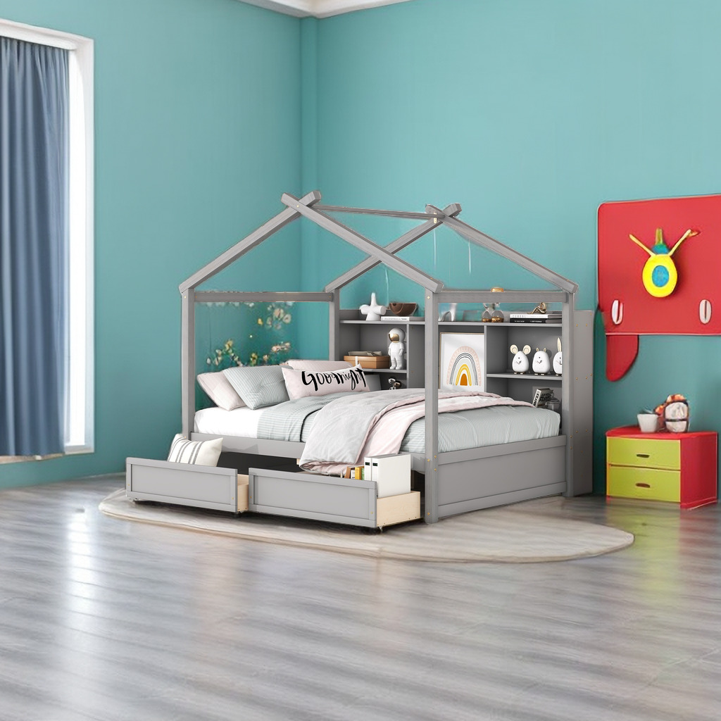 House Bed with Storage, Full Size House Bed with Storage Shelves and 2 Drawers, Wood Bed Frame with Roof for Kids, Teens, Boys or Girls, Easy Assembly (with Drawers)