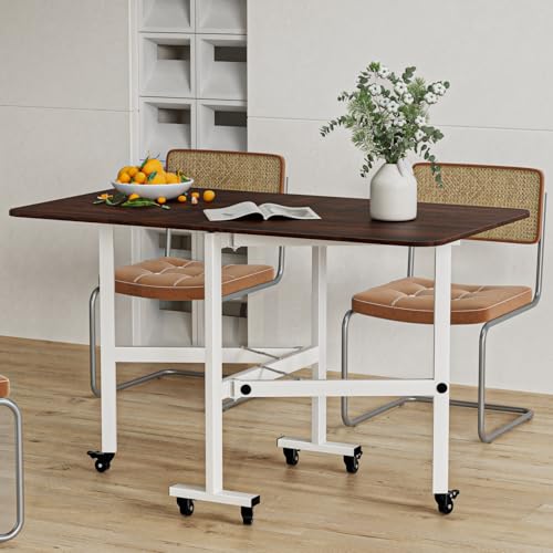 Folding Dining Table,Drop Leaf Dining Table,Foldable Expandable Table,Solid Wooden Foldable Workstation Desk with 6 Wheels,Rectangular Table for Kitchen Bedroom Living Room Bistro Brown