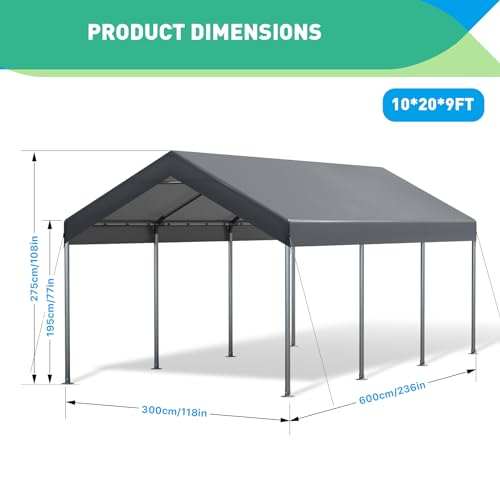 10x20FT Heavy Duty Carport Car Canopy, Portable Garage, Easy to Assemble, Stable Carport for Car, Bike, Boat, Party (Gray)