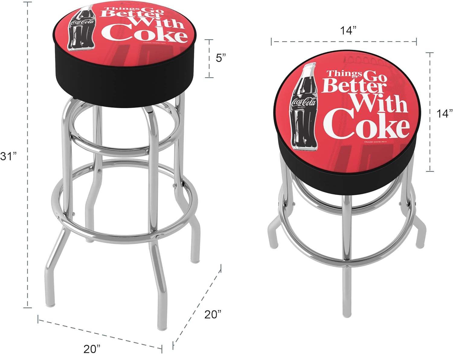 Bar Stool - Coca-Cola Things Go Better with Coke Bottle Art Stool with Foam Padded Seat - Swivel Chair for Game Room, Garage, or Home Bar by Trademark Gameroom