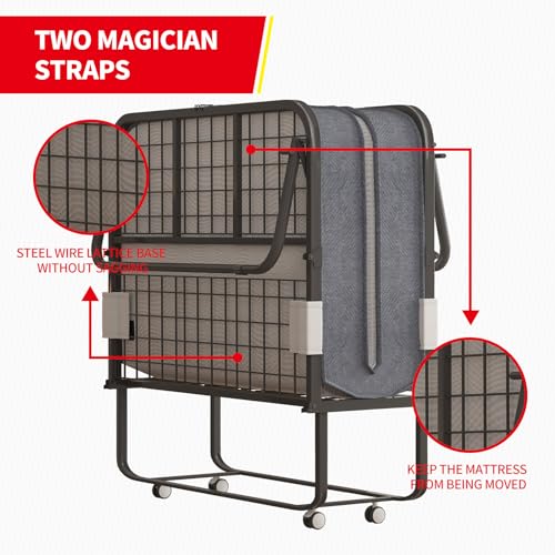 MUZZ Folding Bed with 5" Memory Foam Mattress,Rollaway Bed with Headboard for Adults, Portable Foldable Bed with 4 Lockable Wheels and Metal Frame for Living Room,Guest Room (75" x 31")