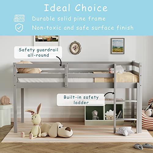 Tmosi Low Loft Bed Twin,Solid Wood Kids Twin Bed Frame with Ladders and Guard Rails,Space Saving Twin Size Loft Bed for Girl Boy,No Box Spring Needed,Easy to Assembly (Built-in Ladder-Grey)