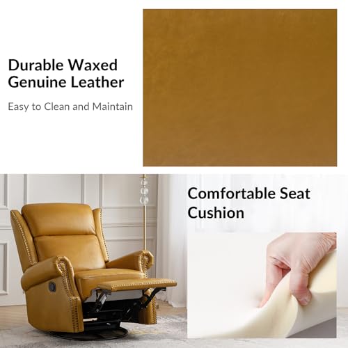 HULALA HOME Genuine Leather Swivel Rocker Recliner, Manual Glider Recliner Chair with Footrest and Lumbar Support, Pushback Recliner with Nailhead Trim and Metal Base(Saddle)