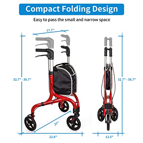 Planetwalk Premium 3 Wheel Rollator Walker for Seniors - Ultra Lightweight Foldable Walker for Elderly, Aluminum Three Wheel Mobility Aid, Brilliant Blue