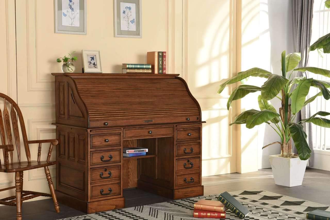 Roll Top Desk Solid Oak Wood - 54 Inch Deluxe Executive Rolltop Desk Burnished Walnut Stain for Home Office Secretary Organizer Roll Hutch Top Easy Assembly Quality Crafted Construction
