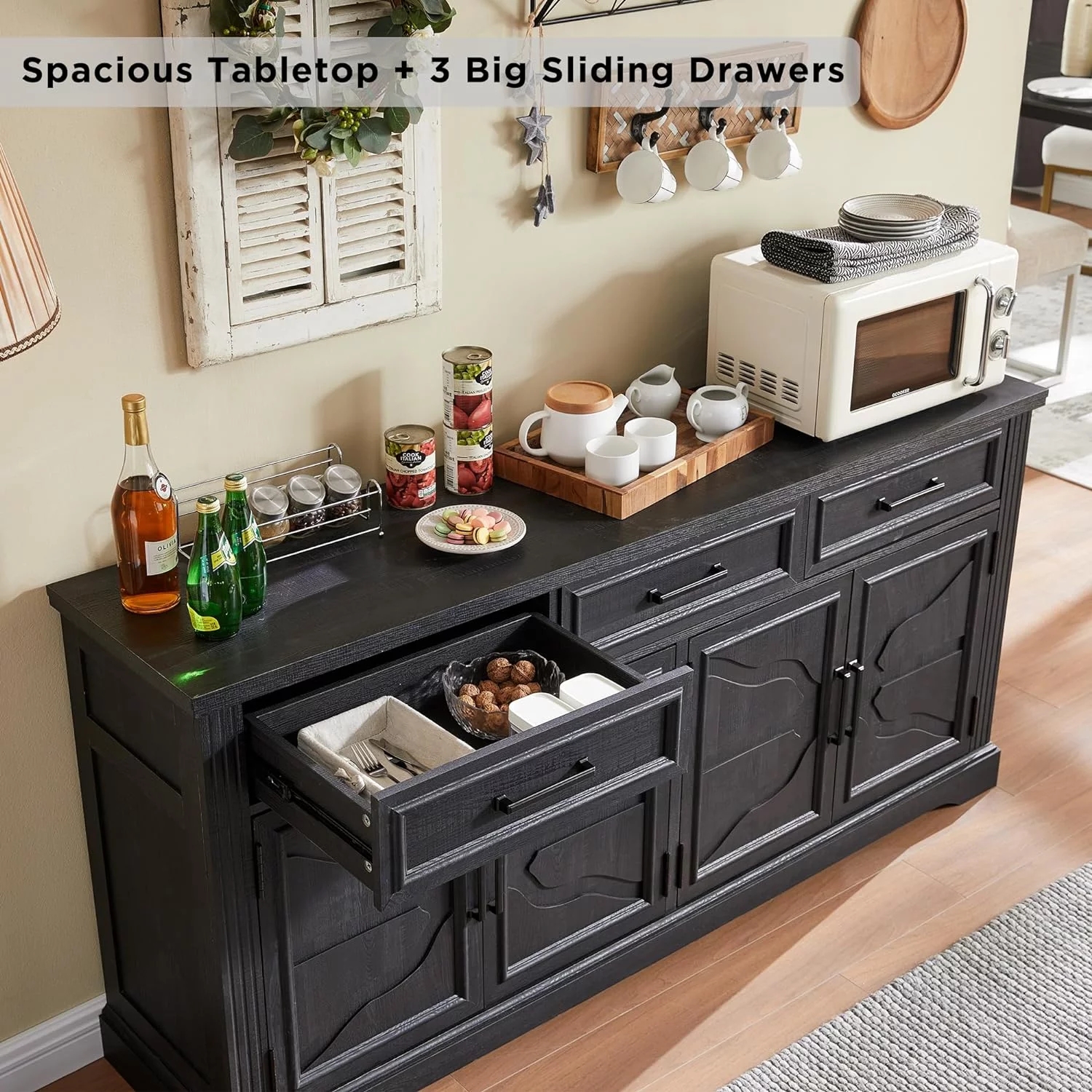 T4TREAM Farmhouse Sideboard Storage Cabinet with 3 Drawers & 4 Doors, 66'' Wide Buffet Cabinet for Dining Room, Black