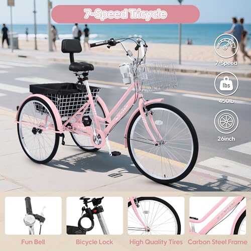 26 Inch Tricycle for Adults, 7 Speed Beach Cruiser Bike Adult Tricycles for Women Men, 3 Wheel Bikes for Adults Large Seat with Backrest, Three Wheel Bikes with Front & Rear Baskets