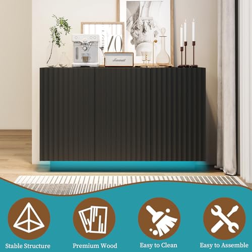 Fluted Black Storage Cabinet, Sideboard Buffet Cabinet with 4 Doors, 64" Modern Accent Cabinet with 2 Adjustable Shelf, Multifunctional TV Stand for Living Room