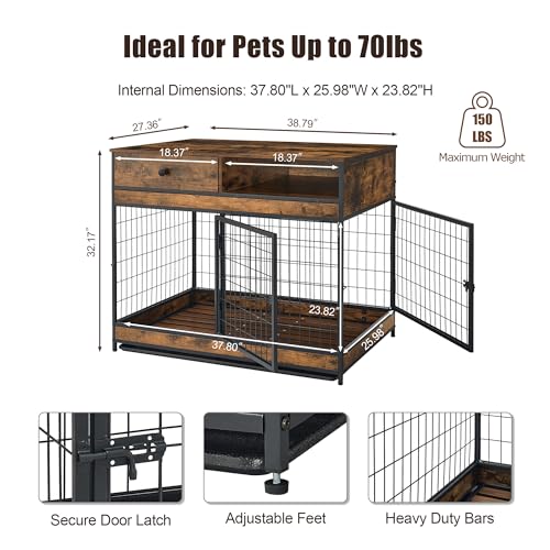 Dog Crate Furniture, 31.5 Inch Dog Kennel with Storage Drawer, Double Doors Heavy Duty Dog Cage with Removable Tray, Indoor Wooden Pet Crate for Small Medium Dogs, Rustic Brown
