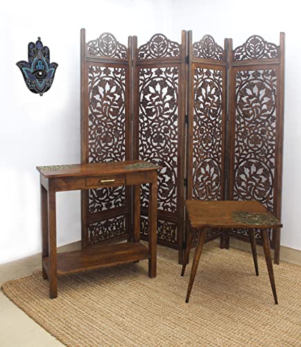 Room Divider Wood Screen - Ghanti Bells Antique Brown - 4 Panel Folding 72 x 80 - Assembled Hand Carved Decorative Functional Versatile Portable Partition Reversible Privacy Boho - COTTON CRAFT
