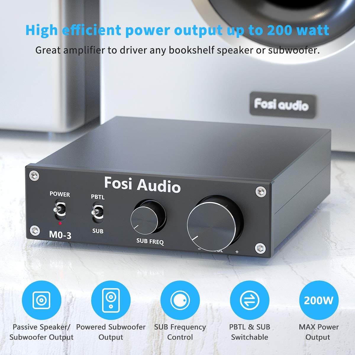 Fosi Audio M03 Subwoofer Amplifier 200 Watt Mini Mono Audio Amp Full-Frequency and Sub Bass Switchable Amplifier One Channel Home Theater Single Power Subwoofer Amp Pack of 2