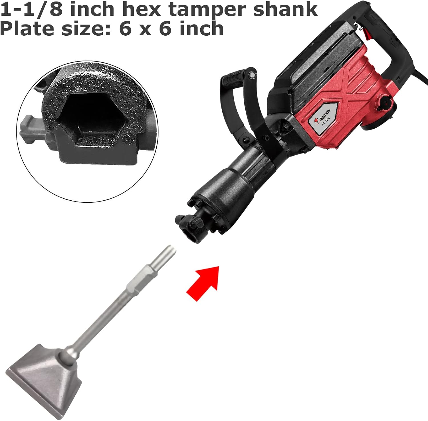 JACKCHEN Jack Hammer 1-1/8" Tamper Shank, Dirt Tamper 6x6" Plate with Electric Chisel Dirt Compactor, Tamper Shank and Plate for Jack Hammer Bit Gas Powered and Electric Demolition Concrete Breaker