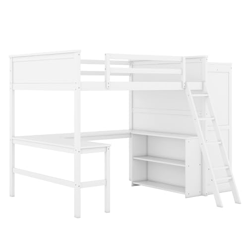 SOFTSEA Twin Size Loft Bed with Built in Desk & Wardrobe, Solid Wood Loft Bed with Storage Cabinet, High Loft Bed Frame with Large Wardrobe for Kids Teens Adults, Grey