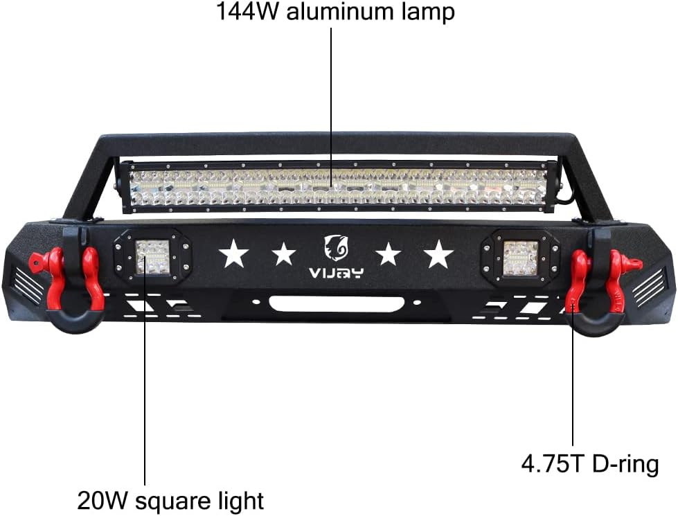Vijay Front and Rear Bumper Textured Black with LED Lights and Winch Plate for 2016-2022 Tacoma
