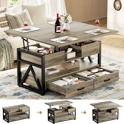 40" Lift Top Coffee Table,4 in 1 Multi-Function Lift Coffee Tables with Storage Drawers and Hidden Compartmen,Farmhouse Coffee Table with Lifting top for Living Room,Black