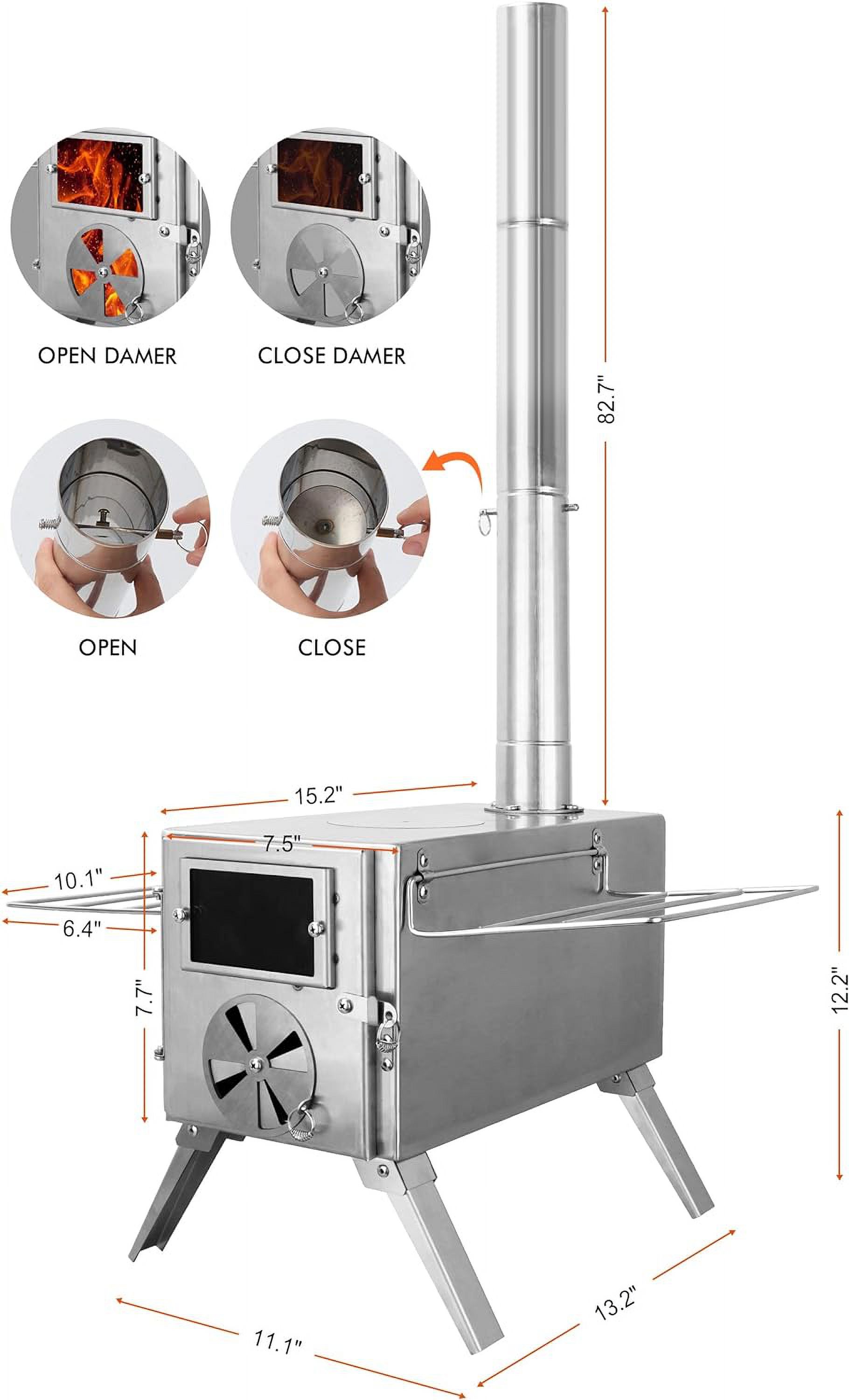 Camping Stove for Hot Tents, QCAI 304 Stainless Steel Wood Burning Stove with Stainless Wall Chimney Pipes for Tents, Shelter, Outdoor Portable Stove for Camping Heating and Cooking