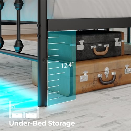 Full Bed Frame with Charging Station, Metal Platform Bed Frame-Mattress Foundation with LED/Headboard and Footboard/Under Bed Storage/No Box Spring Needed,Black