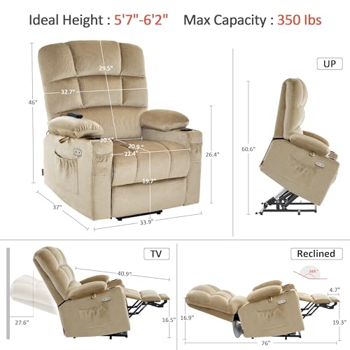 MCombo Large Dual Motor Power Lift Recliner Chair for Elderly, Massage and Heat, Lay Flat, Zero Gravity, Home Button, USB Port, Fabric 7680 (Large, Beige)