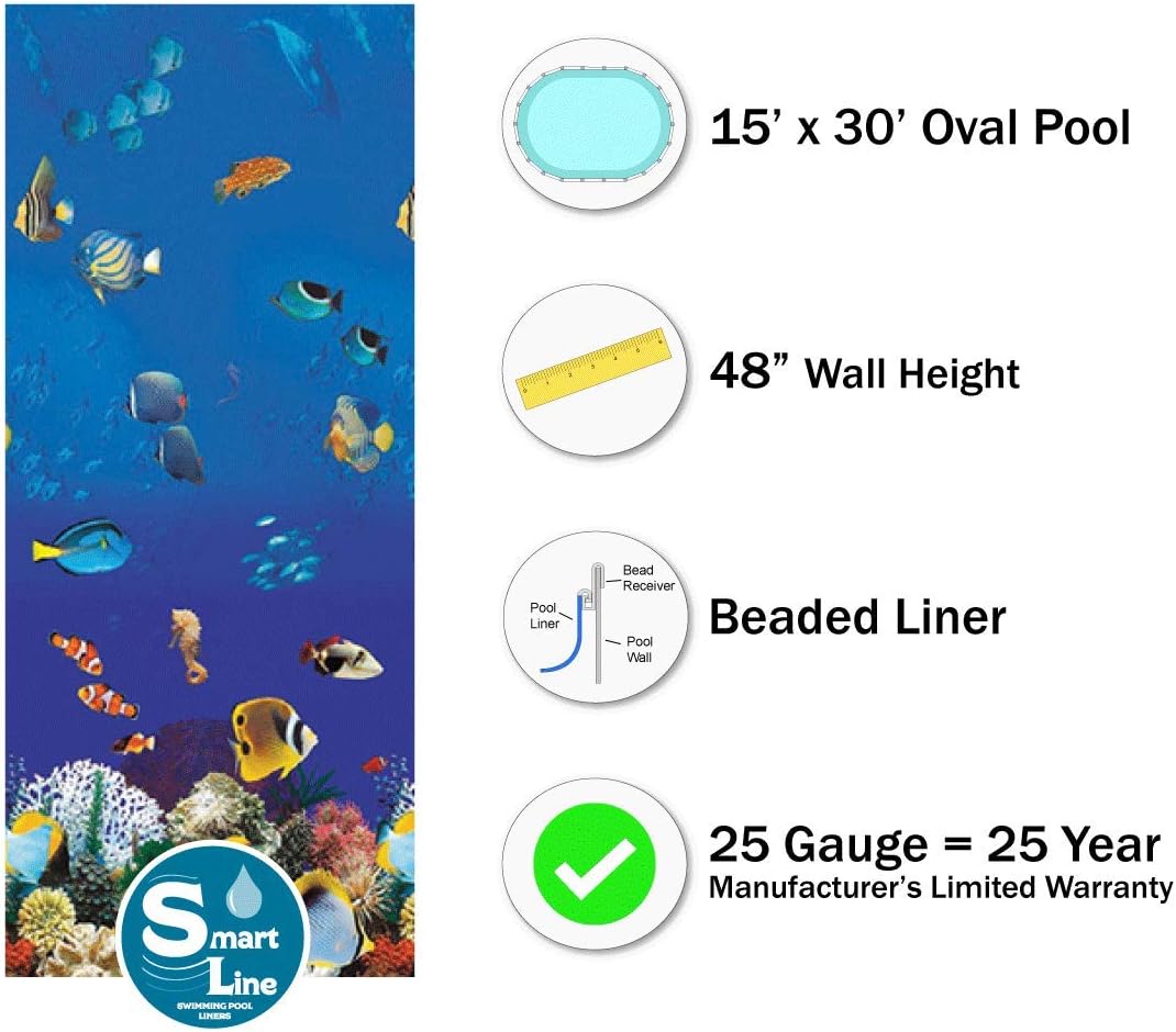 Smartline Caribbean 15-Foot-by-30-Foot Oval Liner | UniBead Style | 48-Inch Wall Height | 25 Gauge Virgin Vinyl | Designed for Steel Sided Above-Ground Swimming Pools | Universal Gasket Kit Included