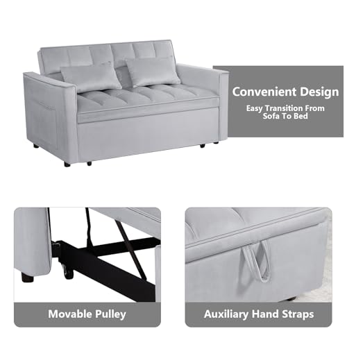 3 in 1 Convertible Sleeper Sofa Bed,Futon Loveseat Couch with Pull-Out Bed & Adjustable Backrest,Velvet Fabric Sofa with Side Pocket for Small Apartment, Living Room, Office (Black)