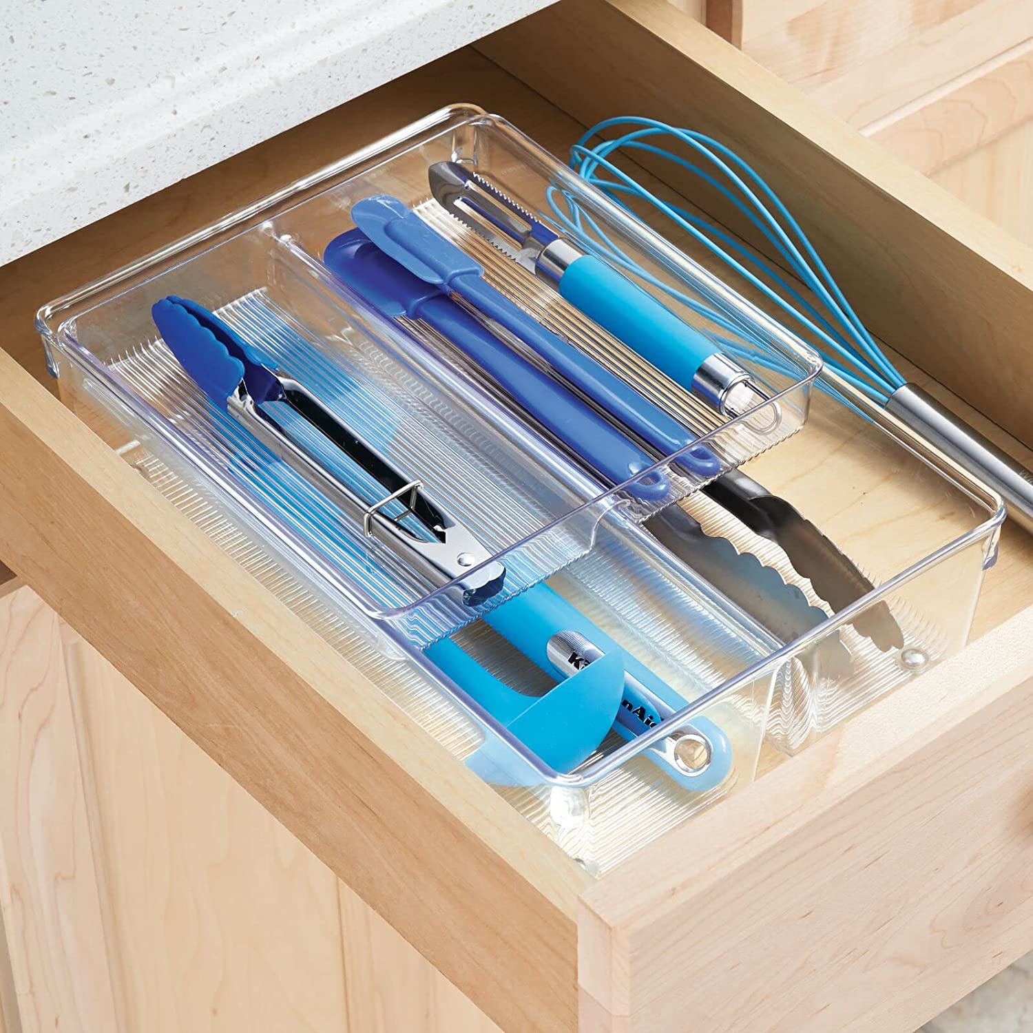 Plastic Stackable Kitchen Drawer Organizer with 2-Tier Tray - Fits Cabinet, Pantry, Refrigerator, Freezer