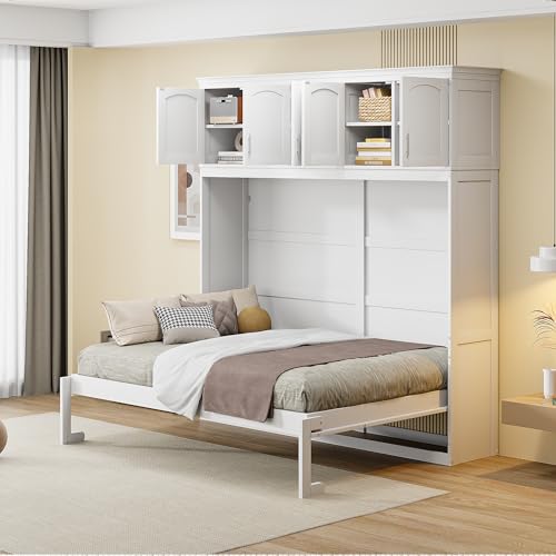 Harper & Bright Designs Full Size Murphy Bed, Full Murphy Cabinet Bed with USB Port and a Large Drawer, Gray