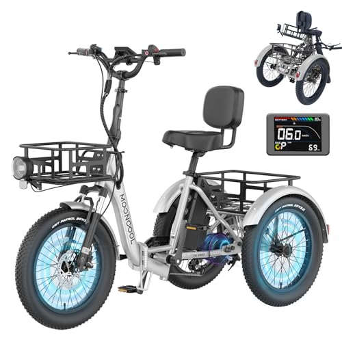 MOONCOOL Electric Tricycle for Adults, 500W/750W 48V 20" Folding Electric Trike Peak Power 1100W, 3 Wheels Electric Bicycle, Aluminum Frame Electric Tricycle with Large Basket and Removable Battery