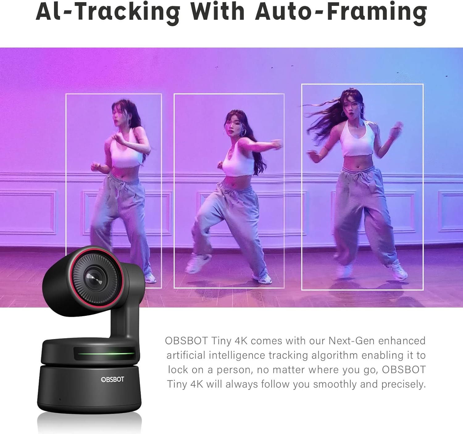 Obsbot Tiny 4K PTZ Webcam, AI-Powered AI-Tracking Auto-Framing Gesture Control HDR 4K Webcam with Dual Omni-Directional Mic 4X Zoom in/Out for Video Meeting Remote Class Live Streaming