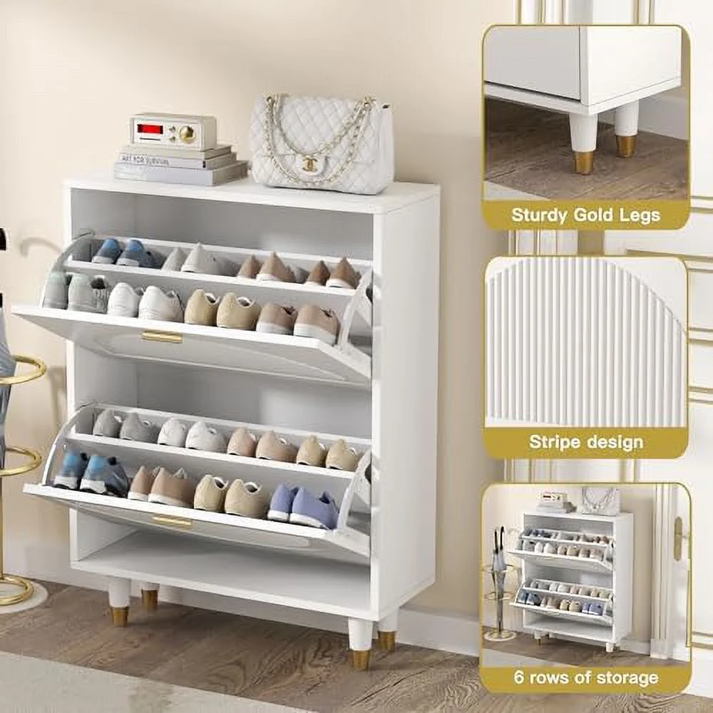 NLIBOOMLife Shoe Cabinet for Entryway Slim  Hidden Shoe  Cabinet White  Narrow Shoe Organizer with Doors  2 Flip Drawer Shoe Rack Cabinet with Doors  Thin Shoe Dresser Wood