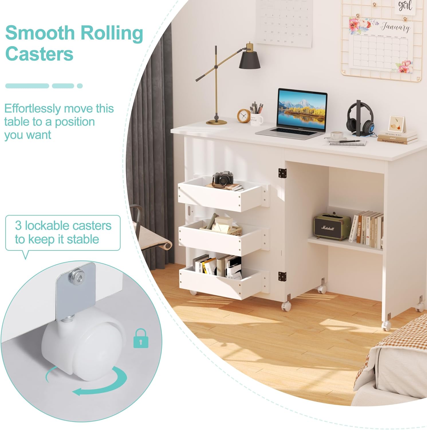 Folding Sewing Table Multipurpose Craft Station Desk Rolling Sewing Cabinet with 3 Storage Shelves Sewing Machine Cart with Lockable Casters (White)