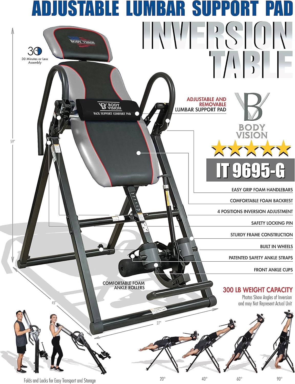 Body Vision IT 9695-G Deluxe Heavy Duty Therapeutic Inversion Table