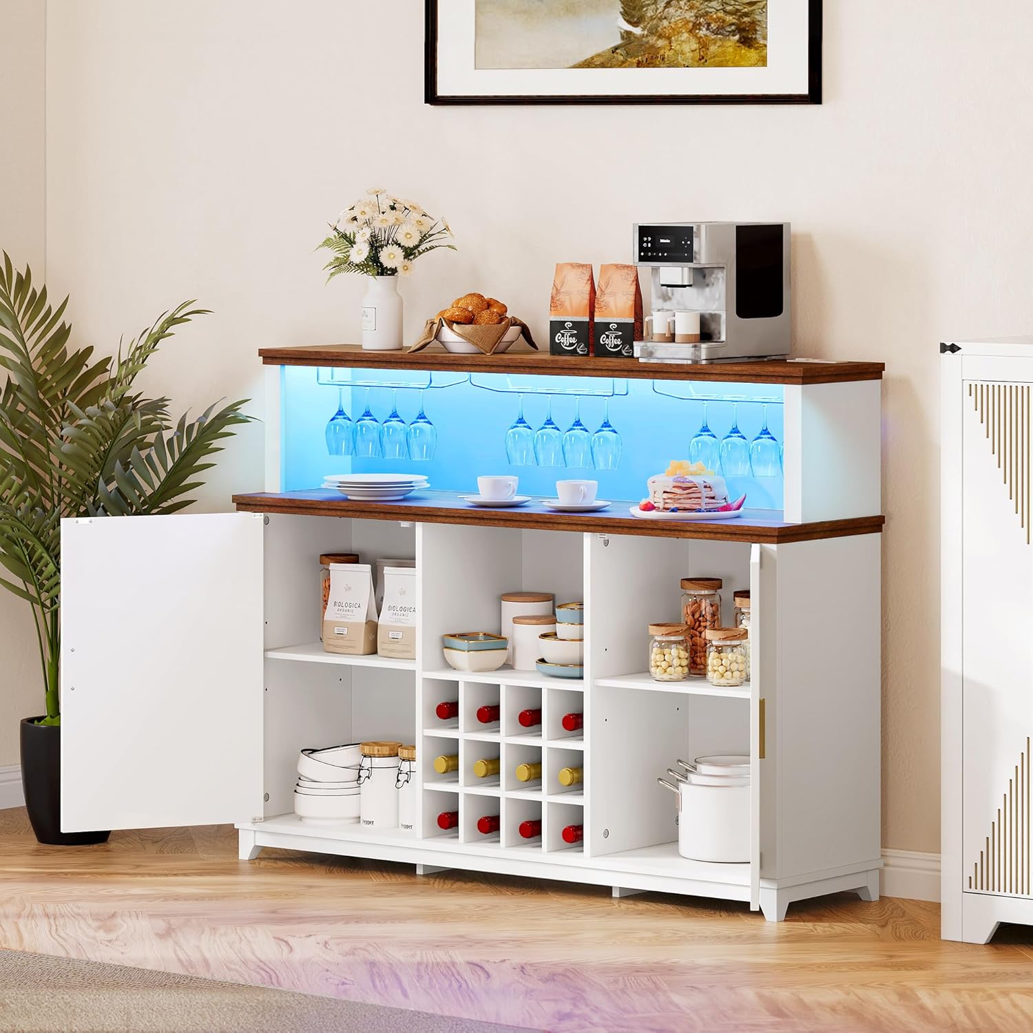 YITAHOME Coffee Bar Cabinet with Storage, 55" Wine Bar Cabinet w/LED Lights & Power Outlet, Kitchen Buffet Cabinet with Door Wine and Glass Rack, Bar Cabinets w/Storage Shelves for Dining Room, White