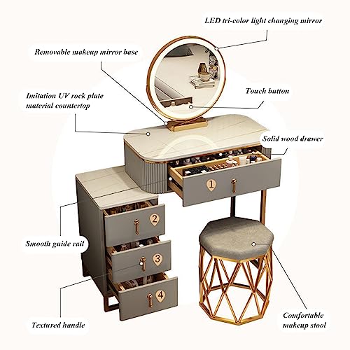 Vanity Set Makeup Dressing Table with Large Round Lighted Mirror, Glass Top, Vanity Table with 4 Drawers Sideboard and Cushioned Stool for Bedroom, Girls Women Gifts