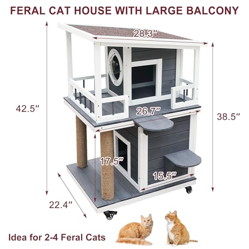 Rockever Outdoor Cat House, Large Outdoor Houses for Feral Cats Wooden Outside Cat Shelter Weatherproof with Escape Door