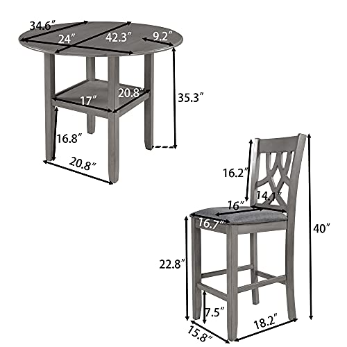Farmhouse 3 Piece Dining Table and Chairs Set Round Drop Leaf Counter Height Small Space Bistro Bar Kitchen Dining Room Table Set with Storage Shelf 2 Badded backrest Chairs Furniture Set