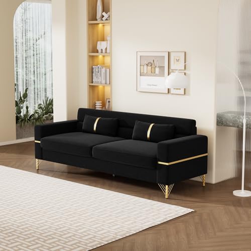 83'' Velvet Sofa, Chesterfield Velvet Upholstered Modern Love seat, with 2 Lumbar Pillows and Round Gold Plated Feet Cream Sofa 3 Seat Living Room Apartment Large Sofa (Khaki)
