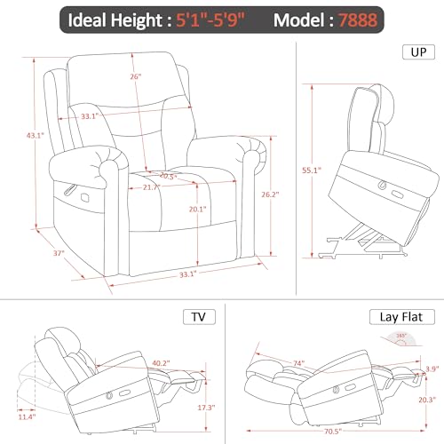 MCombo Triple Motor Power Lift Recliner Chair with Massage and Lumbar&seat Heating, Rolled Arms, Adjustable Headrest for Elderly People, Fabric 7888 (Coffee, Medium)