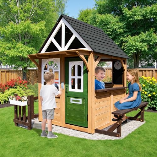 Kids Outdoor Playhouse,Cedar Gray Wooden Play House for Kids Ages 3-8, with Play Kitchen, Interactive Doorbell, Toy Phone, Sink, Flowerpot
