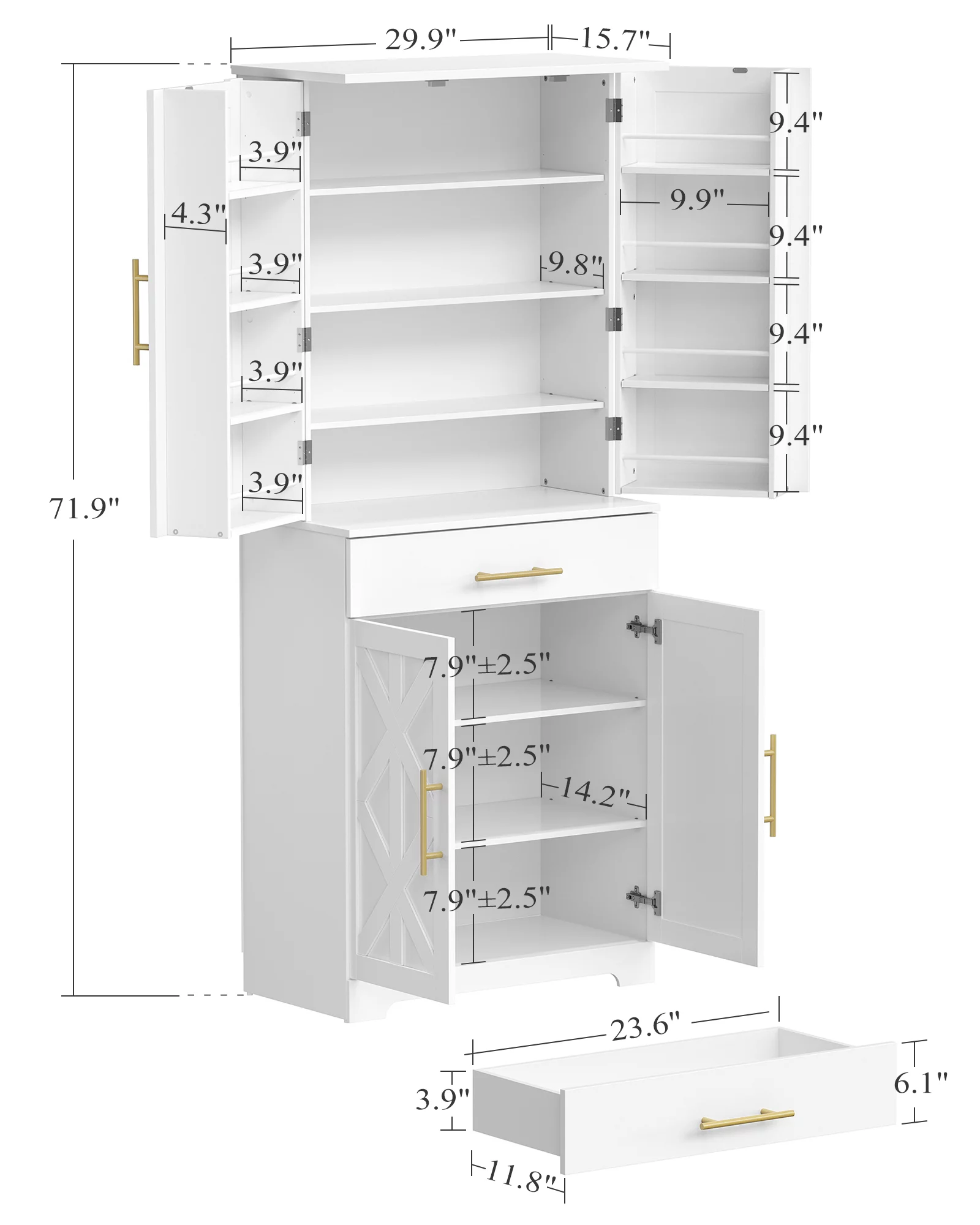 Hzuaneri 72" Kitchen Pantry Cabinet, Storage Cabinet，Buffet Cupboards, White PT02403X