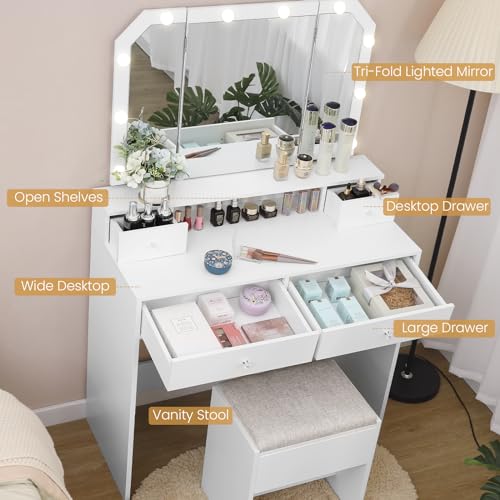 Quimoo Vanity Desk Set with LED Tri-Fold Lighted Mirror & Power Outlet, Makeup Vanity Table with 4 Drawers, Cushioned Stool, for Bedroom, Bathroom, White