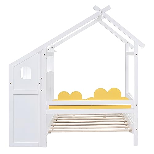 House-Shaped Twin Size Platform Bed with Windmill and Flower Decor, Solid Wood House Bed Kids Bed with Desk and 2 Handles for Girls Boys, Strong Sturdy Slats Support (at-White)