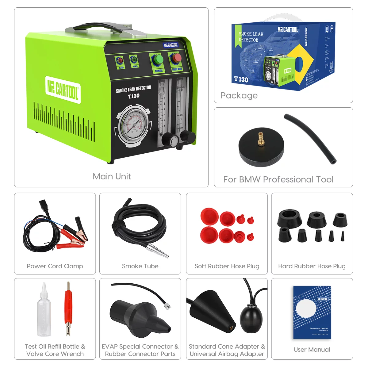 Auto Smoke Leak Detector, EVAP Vacuum Smoke Machine, Pipe System Leakage Tester Analyzer, Vehicle Diagnostic Tool W/ Oil Level Adjustable Flowmeter for Car Motorcycles Truck Boat, T130